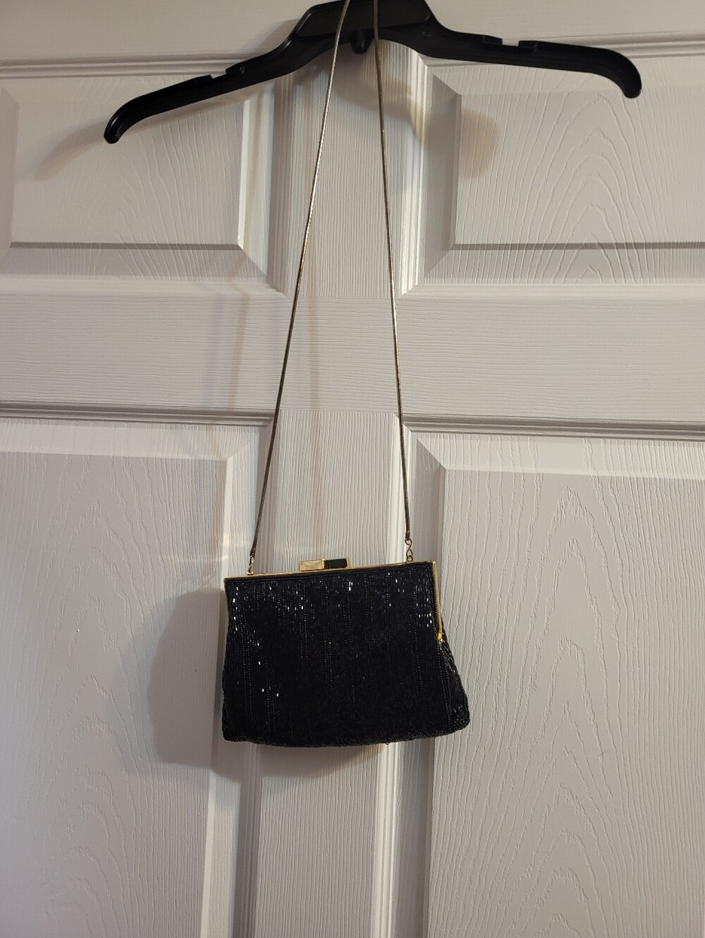 Saks Fifth Ave. 5.5 x 7.5 In. Black Sequin Evening Crossbody Bag with Gold Chain